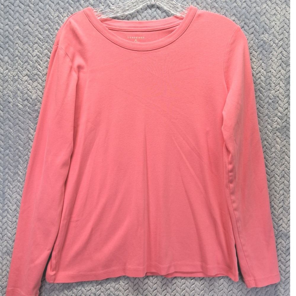 Lands End Womens Coral Pink Long Sleeve Cotton Rib Crew Neck Tee M 10-12 281569